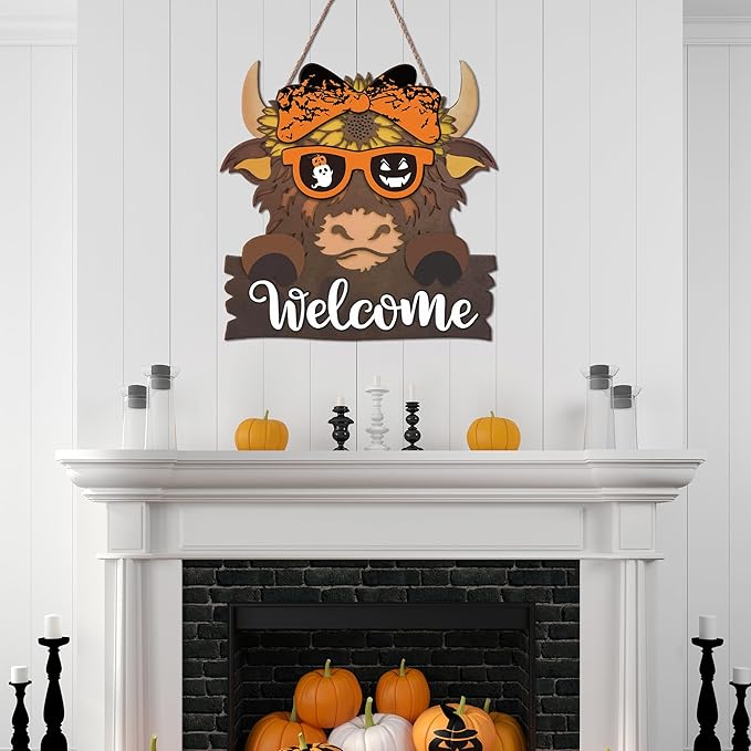Highland Cow Front Door Decorations - Interchangeable Welcome Sign for Front Door with 16 Set Changeable Icons for Seasons Holiday Thanksgiving Christmas Door Decor