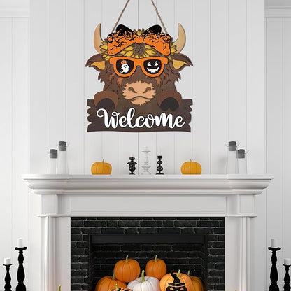 Highland Cow Front Door Decorations - Interchangeable Welcome Sign for Front Door with 16 Set Changeable Icons for Seasons Holiday Thanksgiving Christmas Door Decor