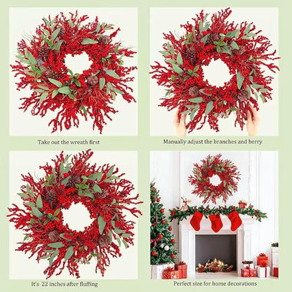 20 inch red Berry Christmas Wreath for Front Door，Used for Wall, Window, Porch, Farmhouse, Indoor and Outdoor Home Decoration