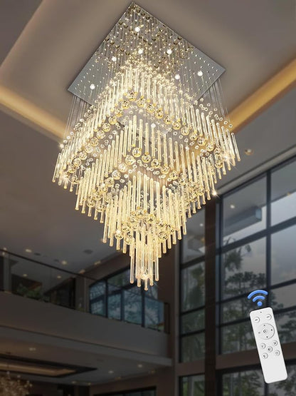 D32''X H110'' High Ceiling Chandelier Crystal Raindrop Chandeliers Staircase Large Chandelier Villa Entrance Foyer Hanging Light High Ceiling Pendant Light Fixture with LED Dimmable