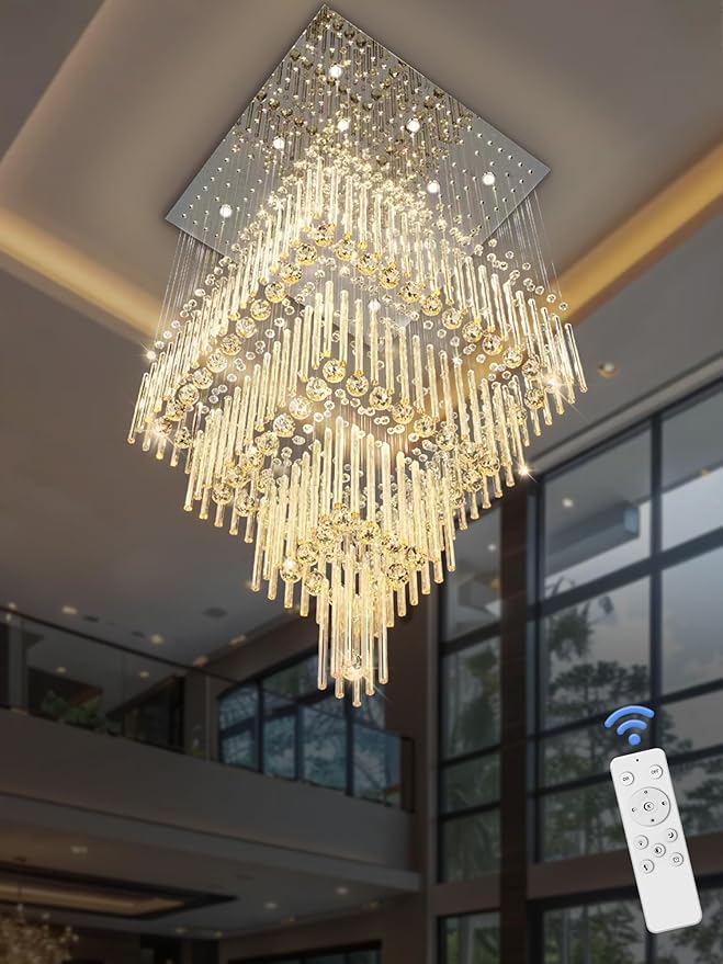 Flashing God D32''X H79'' Foyer Chandelier for High Ceilings,Square Crystal Raindrop Chandeliers,Large Chandelier for Entrance Foyer Villa,4 Tier Chandeliers