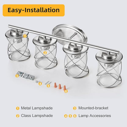 4-Lights Bathroom Light Fixtures, Brushed Nickel Modern Vanity Light Over Mirror, Bathroom Wall Lamp for Mirror Kitchen Living Room Hallway Porch, Farmhouse Wall Lights with Clear Glass Cage Shade