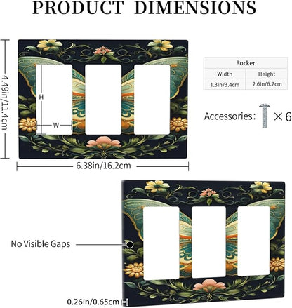 Butterfly Ornate with Flower 3 Gang Rocker Triple Outlet Wall Plate Decorative Switchplate Cover Faceplate GFCI Light Switch Covers for Farmhouse Living Decor