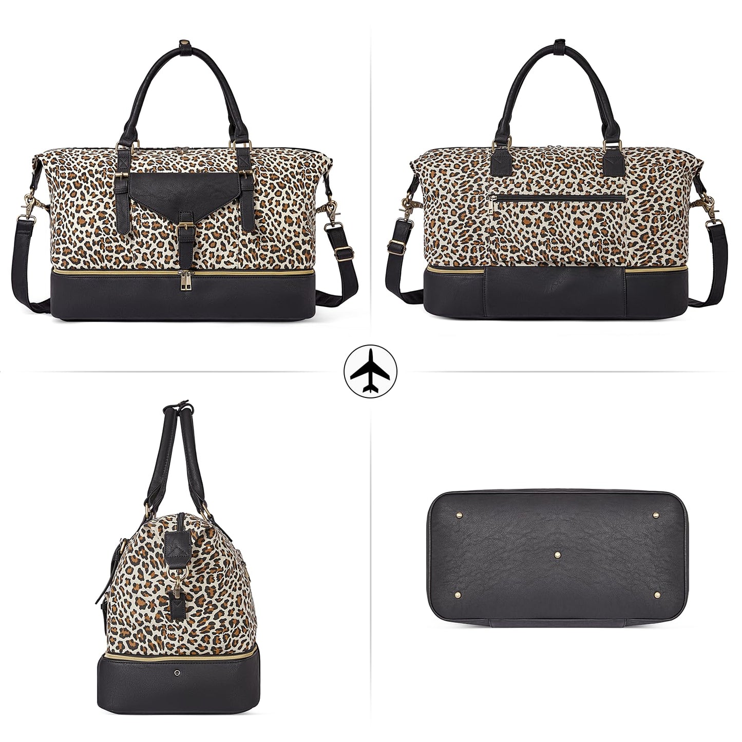 CLUCI Weekender Bag for Women Canvas Large Overnight Travel Duffel Bag with Shoe Compartment Leopard Pattern with Black