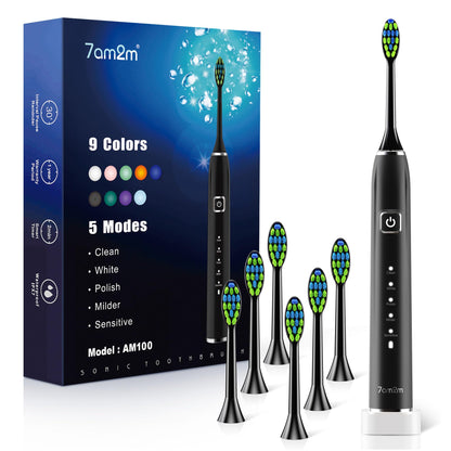 7AM2M Sonic Electric Toothbrush with 6 Brush Heads for Adults&Kids, One Charge for 120 Days, Wireless Fast Charge, 5 Modes, 40000VPM Powered Toothbrush, 2 Minutes Built in Smart Timer (Black)
