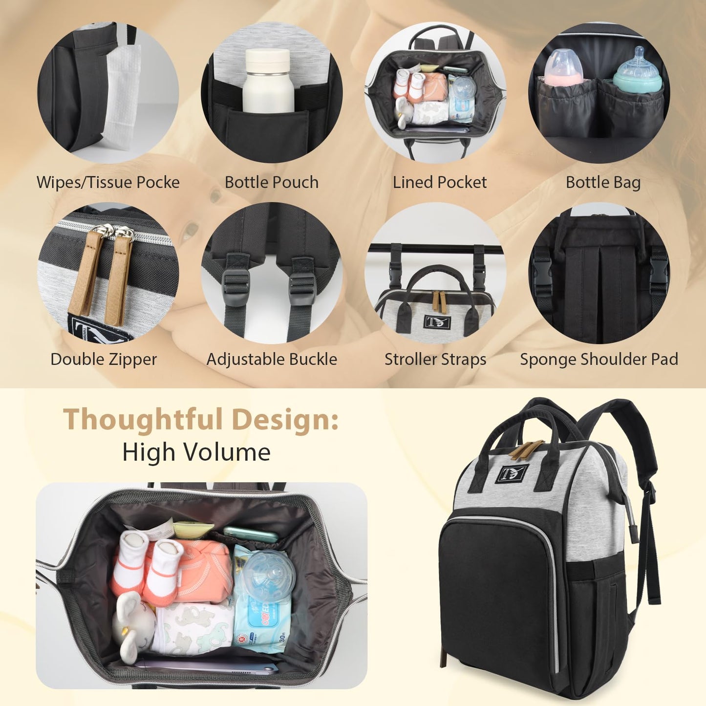 Packino Diaper Bag Backpack for Women - Multifunction Travel Essentials Baby Diaper Bag with Changing Pad, Large Backpack Baby Girl Boy, Insulated Bottle Holders & Stroller Straps (Black+Gray)