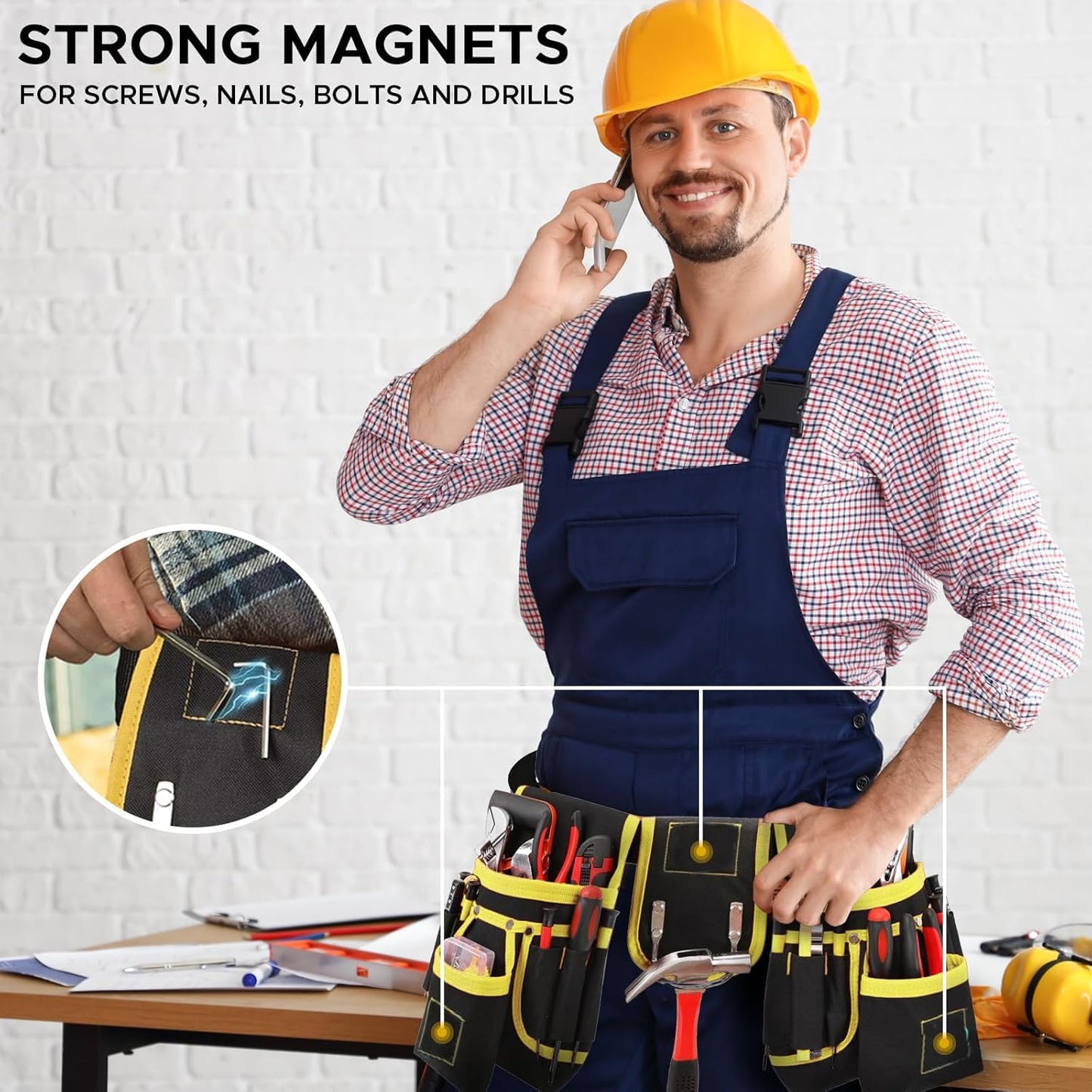 Tool Belt with 27 Pockets and 3 Magnetic Zones, Freely-Combinable, Heavy-Duty yet Lightweight Tool Pouch & Tool Belts for Men: Electricians, Carpenters,DIYers–A Great Gift Fathers and Husbands(Yellow)