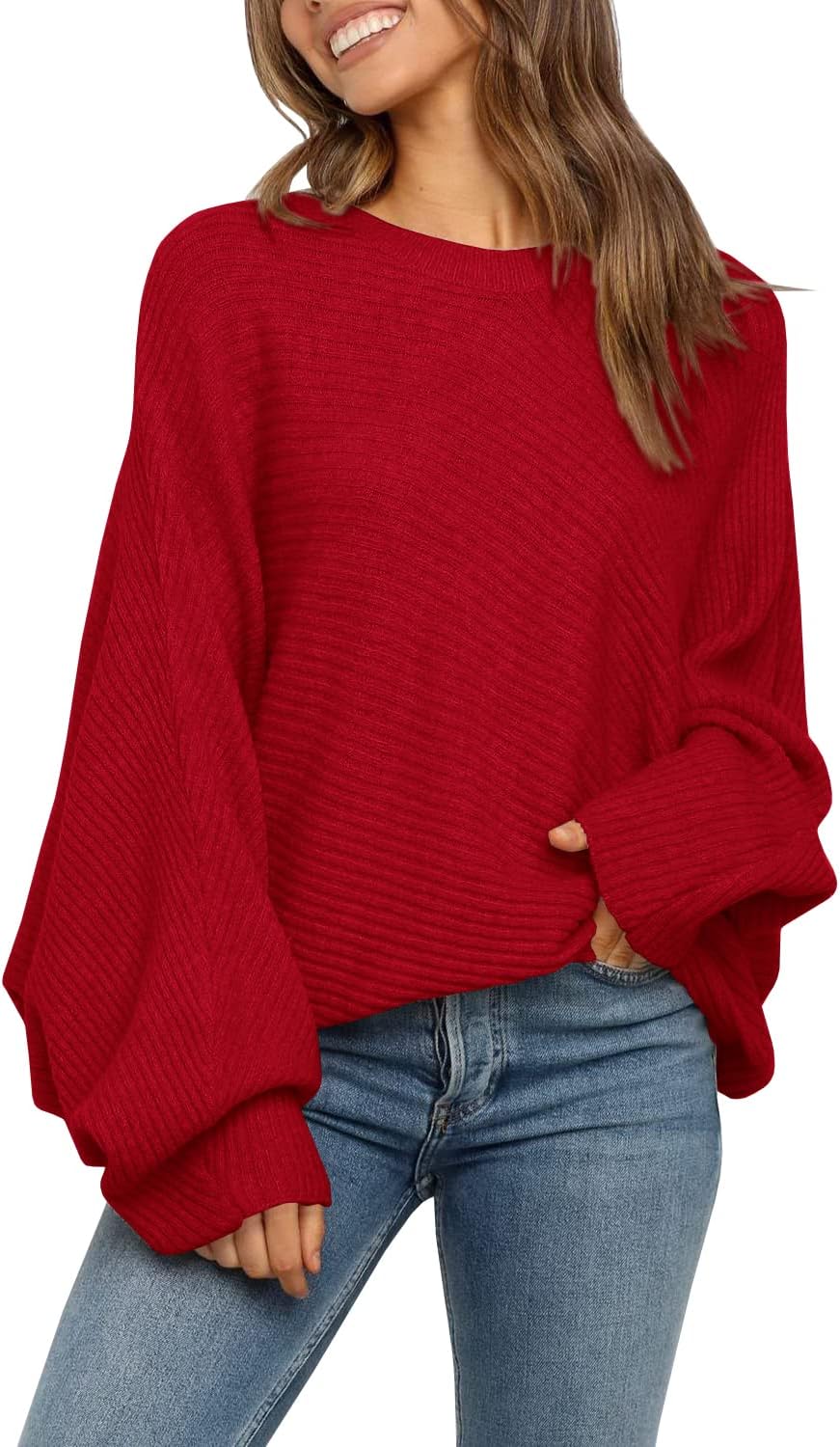 Mafulus Women's Oversized Crewneck Sweater Batwing Puff Long Sleeve Cable Slouchy Pullover Jumper Tops