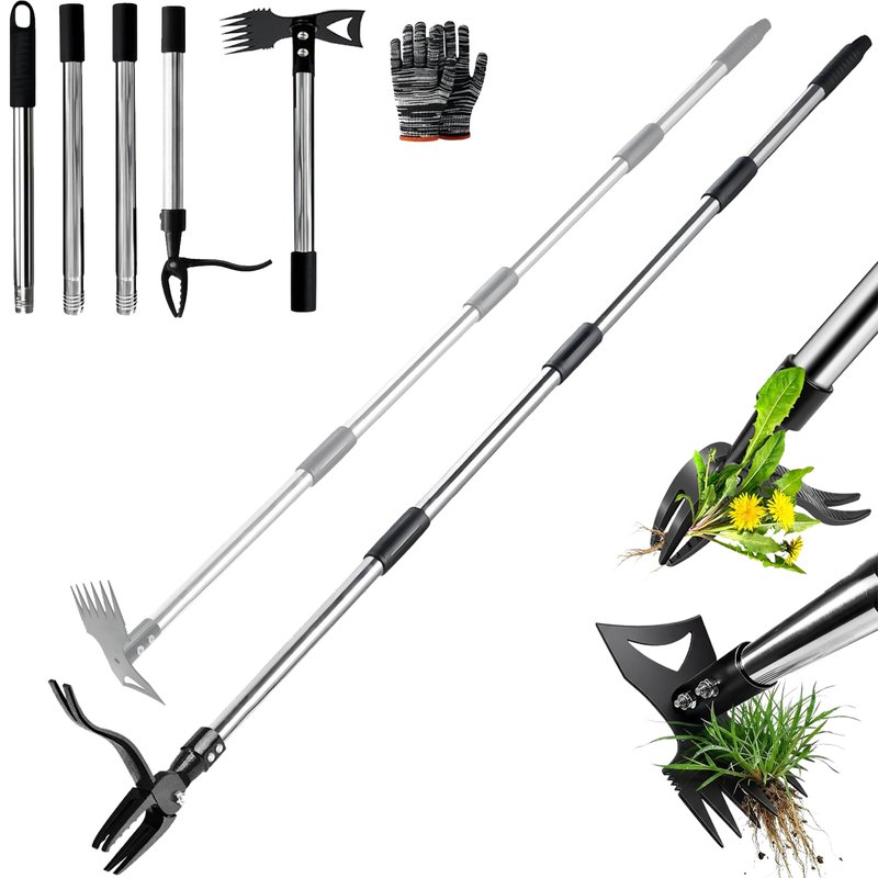 KINFIDTOW 58" Stand Up Weed Puller Tool with Long Handle, 2 in 1 Manual Weeder & Garden Hoe, 4-Claw Steel Head Weed Remover with Gloves for Yard Lawn Patio Garden