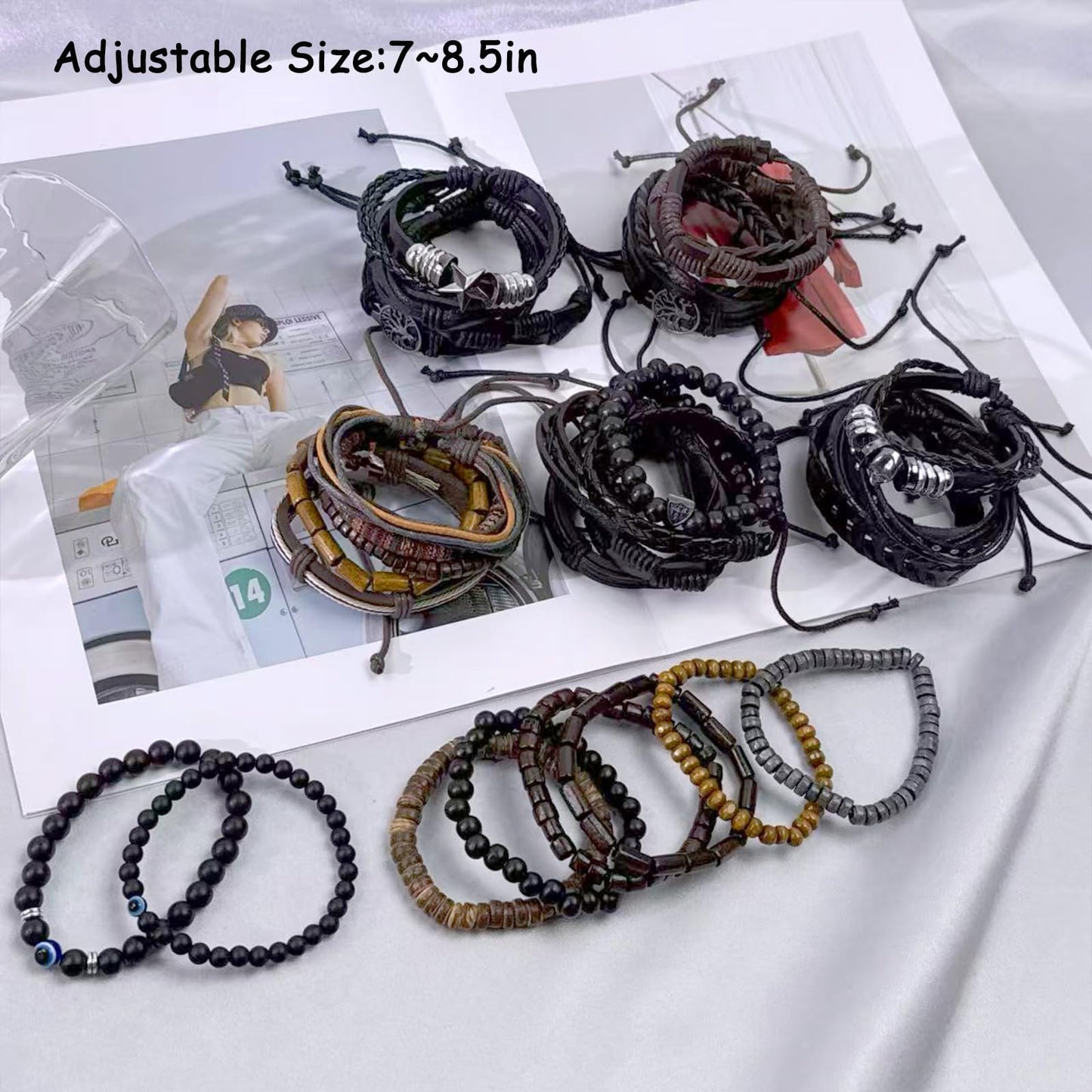 31Pcs Braided Leather Bracelets for Men Women Punk Wrap Cuff Bracelets Hemp Cords Wood Beads Ethnic Tribal Handmade Wrap Wristband Gothic Evil Eye Bracelets Set Adjustable Skull Skeleton Accessories