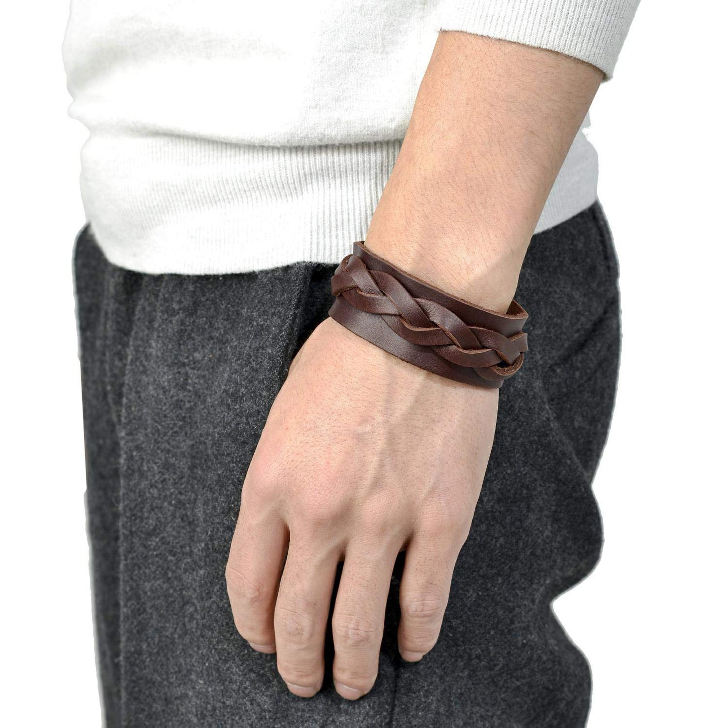 Tornito 3Pcs Genuine Leather Bracelet Braided Biker Cuff Strap Punk Wide Belt Bangle Wristband For Women Men Black Brown Size Adjustable