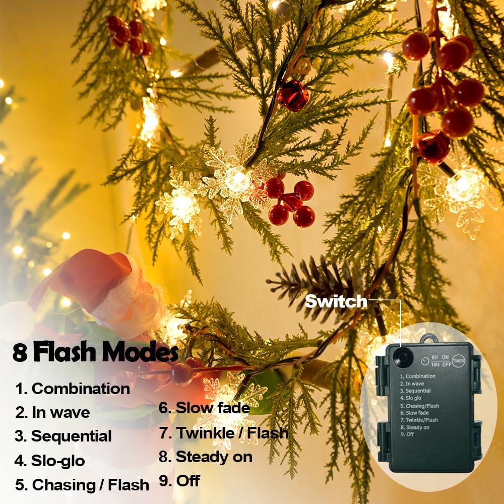 Christmas Garland Lights 6.56FT 20 Snow LED Pine Garland with Lights Battery Operated with Bells Red Berries Pinecones Cypress Greenery Garlands Decoration for Xmas Tree Mantle Door Stairs Home Decor