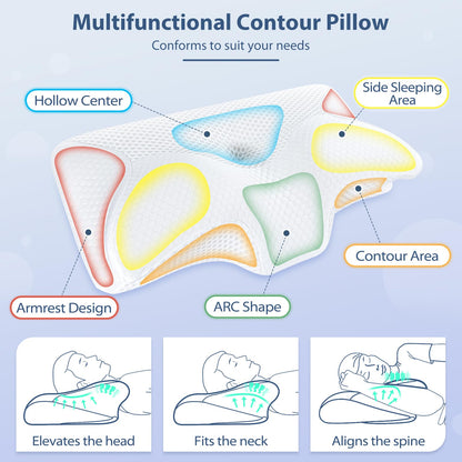 HOMCA Cervical Pillow, Ergonomic Memory Foam Pillow for Neck and Shoulder Pain Relief with Cooling Ice Silk Pillowcase, Orthopedic Neck Bed Pillow for Side, Back and Stomach Sleepers