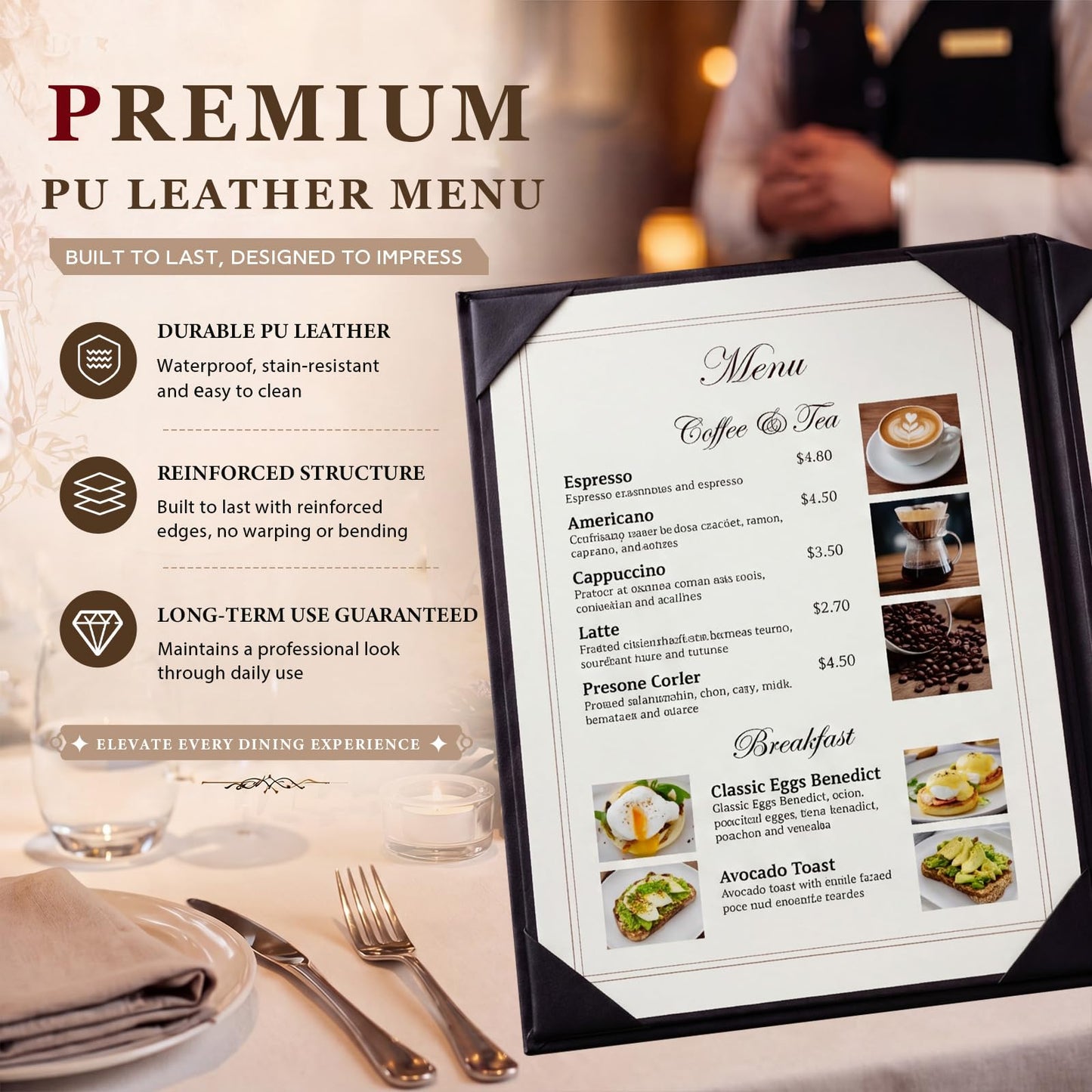 Durable PU Leather Material: PU Leather Resists Scratches, Stains, and wear, Keeping menus Looking Professional and Clean in Busy Restaurants, cafes, and Bars