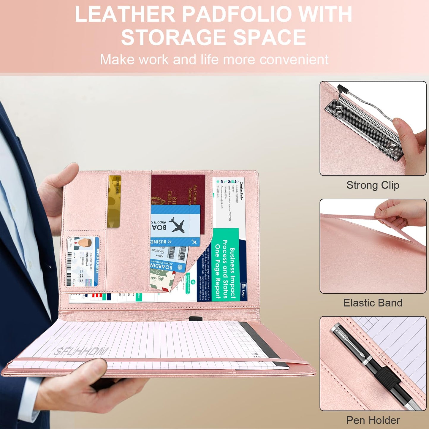 Clipboard Padfolio with Storage Pocket, Clipboard Folder Portfolio Organizer, 360 Degree Foldable Clipboards with Refillable Notepad,Faux Leather Padfolio Organizer for Office School Supplies-Pink