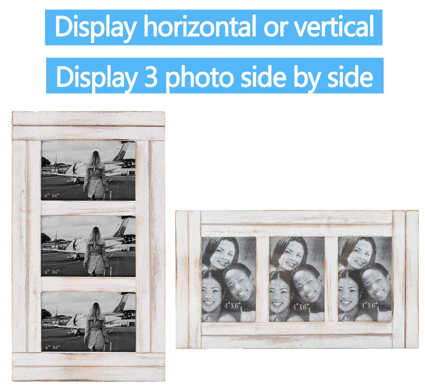 RiteSune 3 Picture Frames 4x6 for Wall, Photo Collage Frame Present for Christmas Birthday, Rustic Photo Frames for Home Wall Decor（White