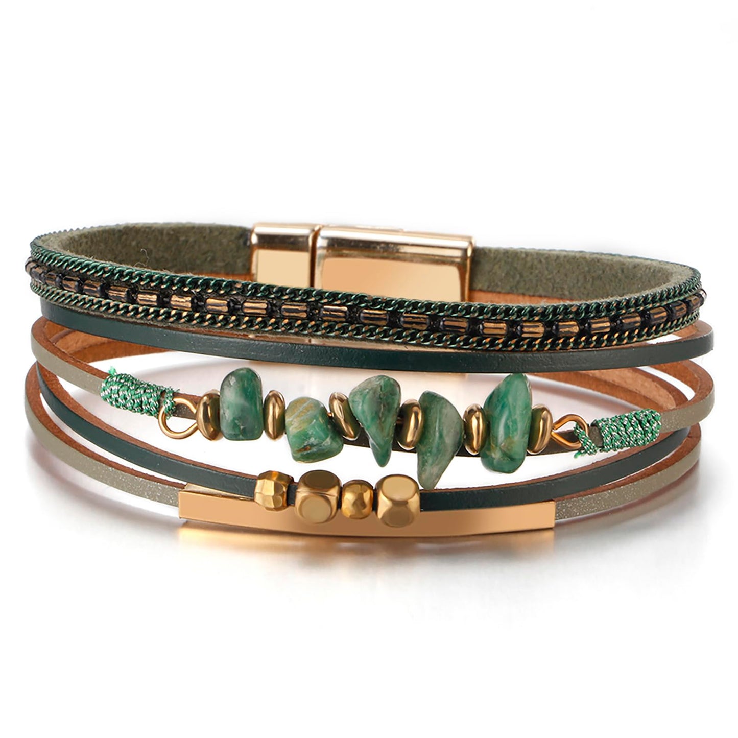 Fesciory Leather Wrap Bracelets for Women, Boho Leopard Multi-Layer Crystal Beads Cuff Bracelet Jewelry (Stone(Green1))