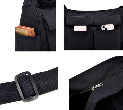 Women Men Crossbody Shoulder Bag Large Hobo Bag with Multiple Pockets Canvas Messenger Tote Bag for Women and Men