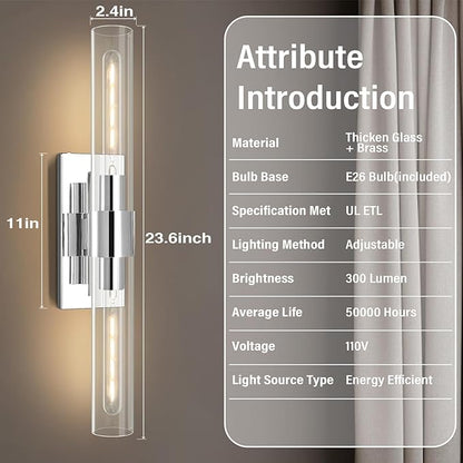 Chrome Wall Sconces Set of 2, 22.8" Bathroom Sconces, Indoor Sconces Lighting with Glass, Nickel Vanity Lights with Tube, Dimmable Bedroom Bedside Wall Light for Dressing Table Staircase