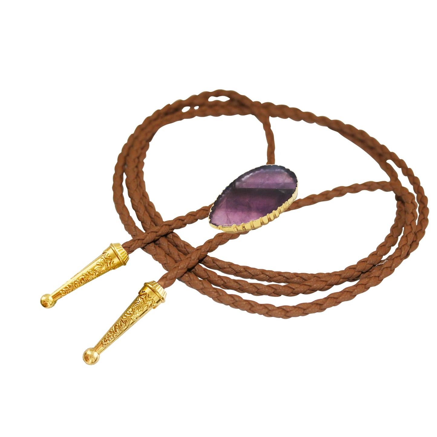 Daisy Del Sol Gemstone Bolo Tie Braided Vegan Faux Leather Natural Stone Gold Handmade Necklace Adjustable Boho Western Jewelry (Brown, Amethyst)