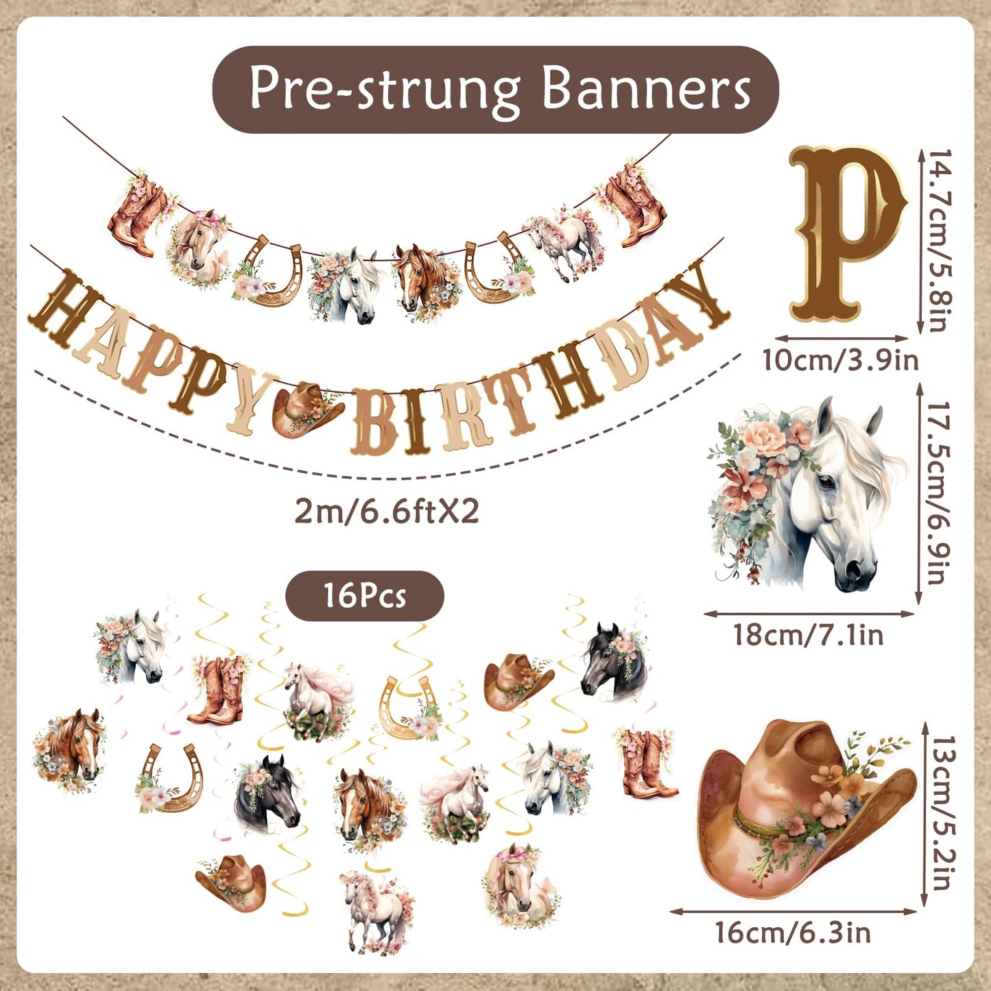 OBBOLO Horse Birthday Decorations for Girls, Brown and Pink Horse Cowgirl Party Decorations with Cowgirl Hanging Swirls, Happy Birthday Banners, Western Party for Women