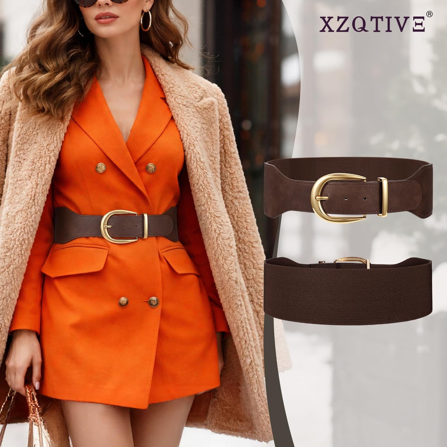 XZQTIVE Women Wide Elastic Waist Belt for Dresses Fashion Cinch Belts Stretchy Waistband with Gold Buckle, Chocolate Brown(Fit Waist Size 34"-37")
