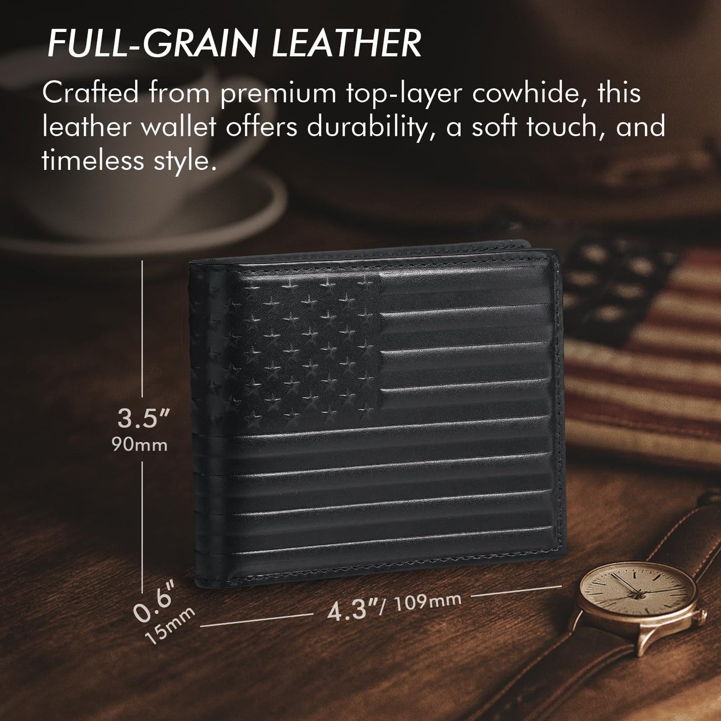 Pefiam Full Grain Leather Wallet for Men, RFID Blocking, Bifold with 2 ID Windows, 13 Card Slots, American Flag Wallet Black