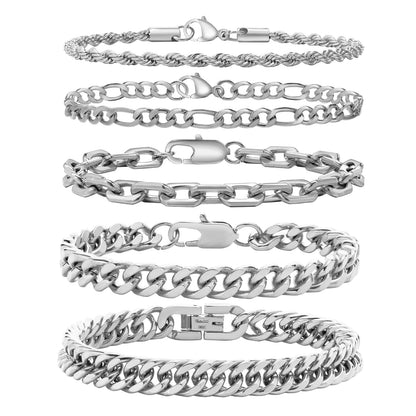 VNOX Silver Chain Bracelets for Men - 5 Pcs Solid Stainless Steel Rope/Figaro/Paperclip/Cuban Link Curb Chunky Chain Bracelet Set Wrist Band for Men Women,8.3 Inches