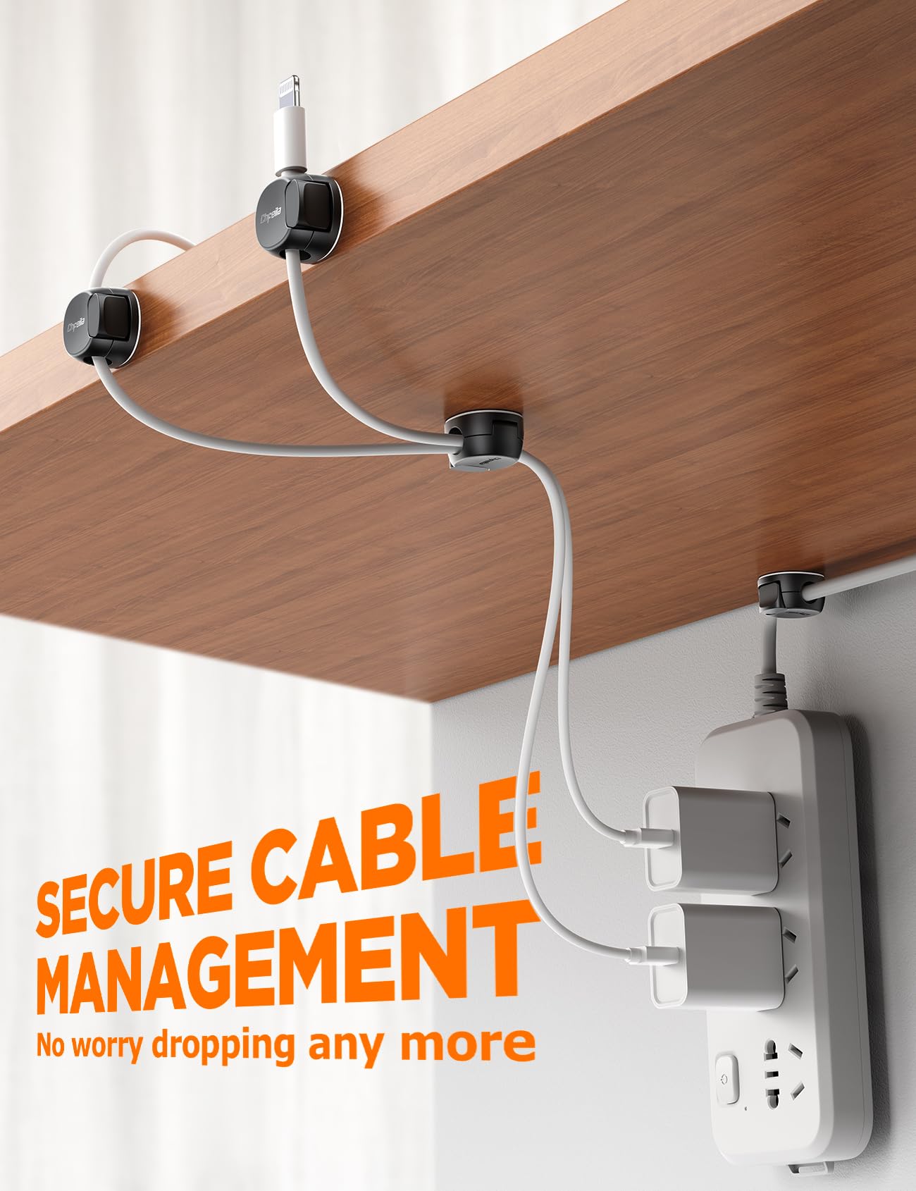 12Pack Cord Organizer [Dual Spring & Clasp, Max Secure] Cable Clips - Chfeila Cord Holder, Desk Cable Management, Adhesive Phone Charging Wire Holder for Nightstand/Car/Wall, Office Accessory - Black