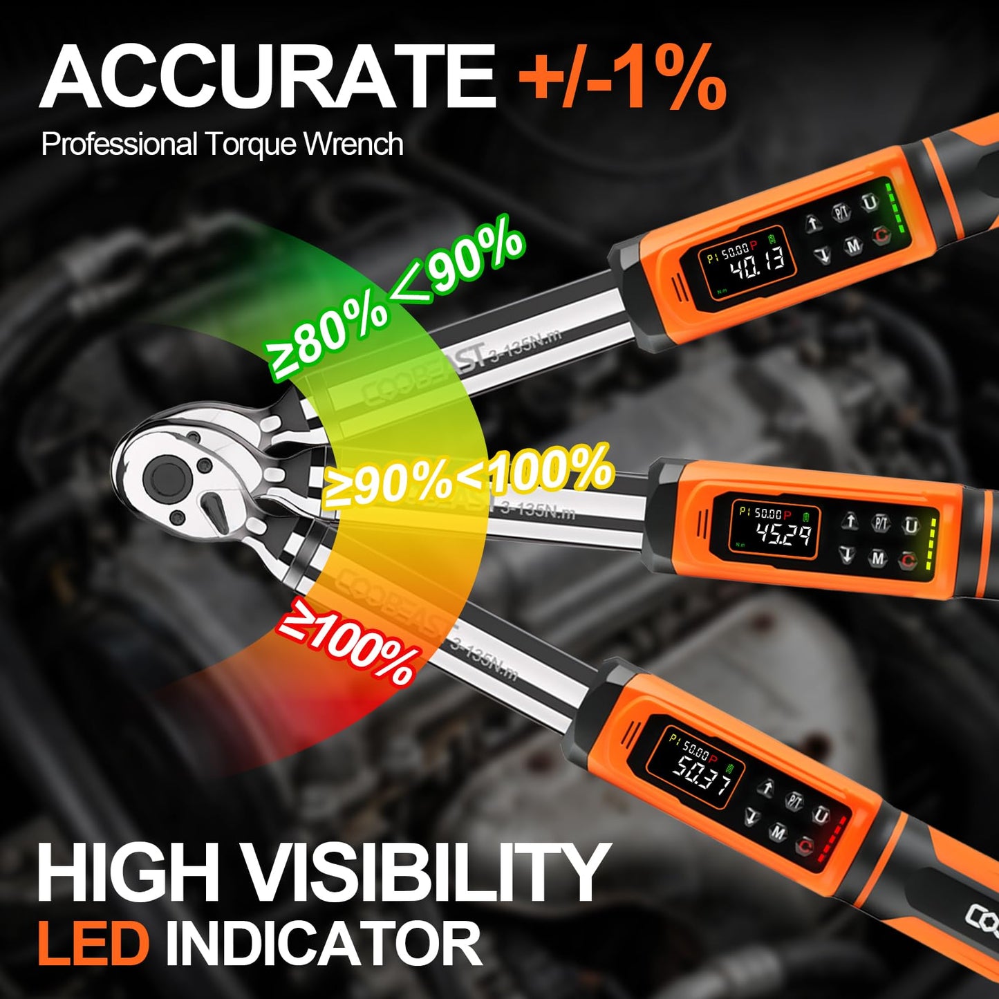 coobeast Digital Torque Wrench, 3/8 Drive Electronic Torque Wrench with Preset Value(1.5-99.5 Ft-lbs./2-135Nm), Buzzer and LED Flash Five Units of Measure for Bike Motorcycle Car