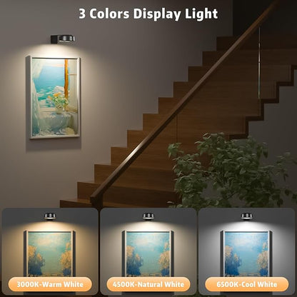 3PCS Picture Lights, Rechargeable Battery Wall Light for Paintings, 3 Colors Paintings Light Dimmable and Timer Metal Art Light for Display, Wall, Artwork, Gallery (Black)
