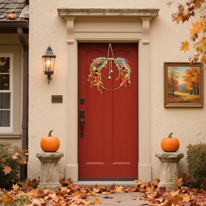 Fall Leaves Wreaths for Front Door Outside Fall Wreath with Colorful Mixed Leaves, Autumn Eucalyptus Artificial Wreath for Thanksgiving Front Door Window Home Wall Farmhouse Outdoor Indoor Décor
