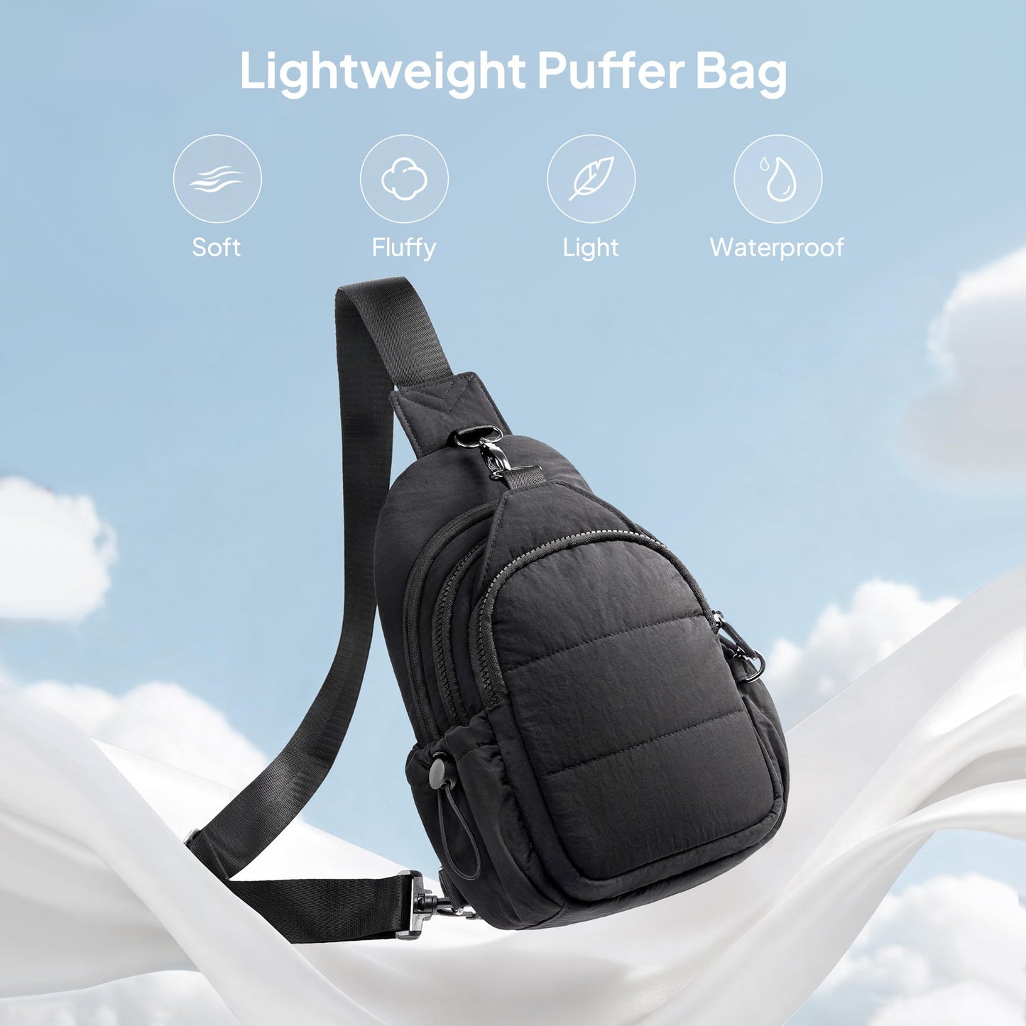 TOPEAST Sling Bag for Women, Anti-Theft Crossbody Bag with RFID Blocking & Water Bottle Holder for Travel, Lightweight Puffer Cross body Purse for Daily Hiking, Water-resistant, Black
