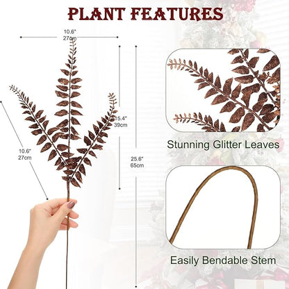 DILATATA 6Pcs Christmas Glitter Leaves Boston Fern Leaves 25" Artificial Bronze Fern Leaf Picks Sprays Giltter Stems for Christmas Tree DIY Xmas Wreath Garland Home Decor - Bronze