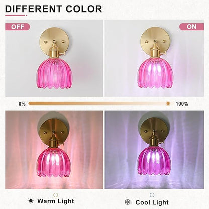Wall Sconces Set of Two Hardwired, Vintage Sconce Light with Tulip Ruby Red Glass Lampshade, Bathroom Wall Lights with Switch, Gold Wall Light Sconces Wall Decor Set of 2