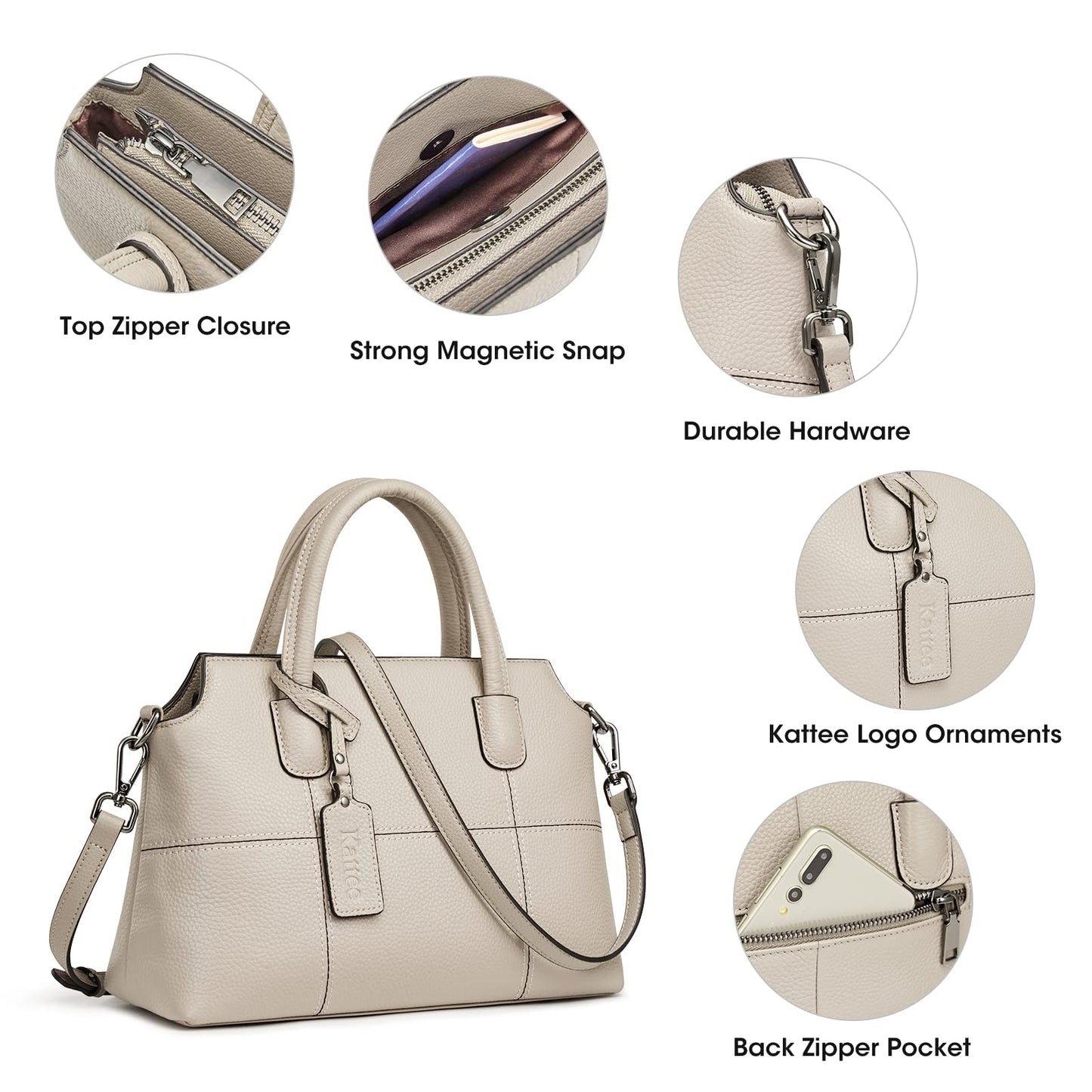 Kattee Genuine Leather Handbags for Women, Soft Hobo Satchel Shoulder Crossbody Bags Ladies Purses (Meduim)