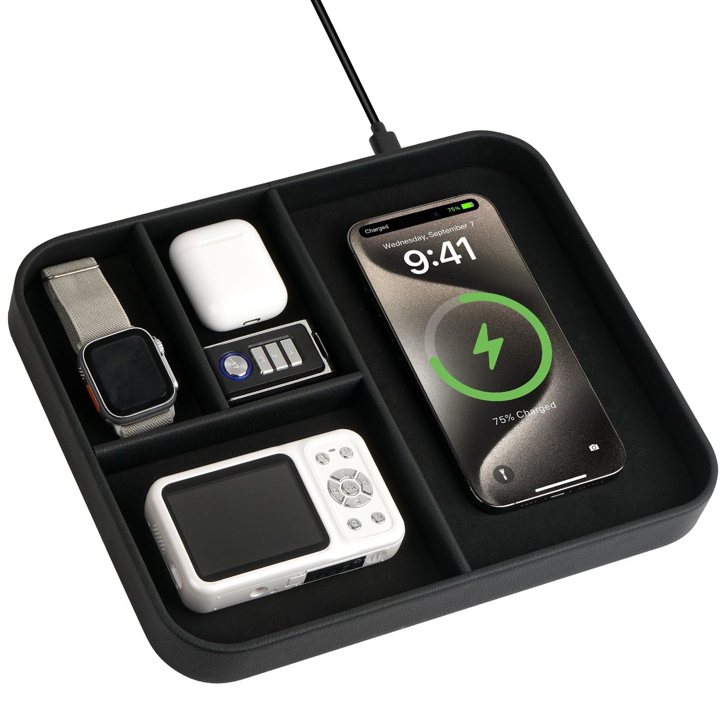 VOVIPO Birthday Gifts Bedside Organiser-Faux Leather Valet Tray With Wireless Charger For Phone And Earbuds,Nightstand Organizer,Mens Jewelry Box,Office Desk Organizers