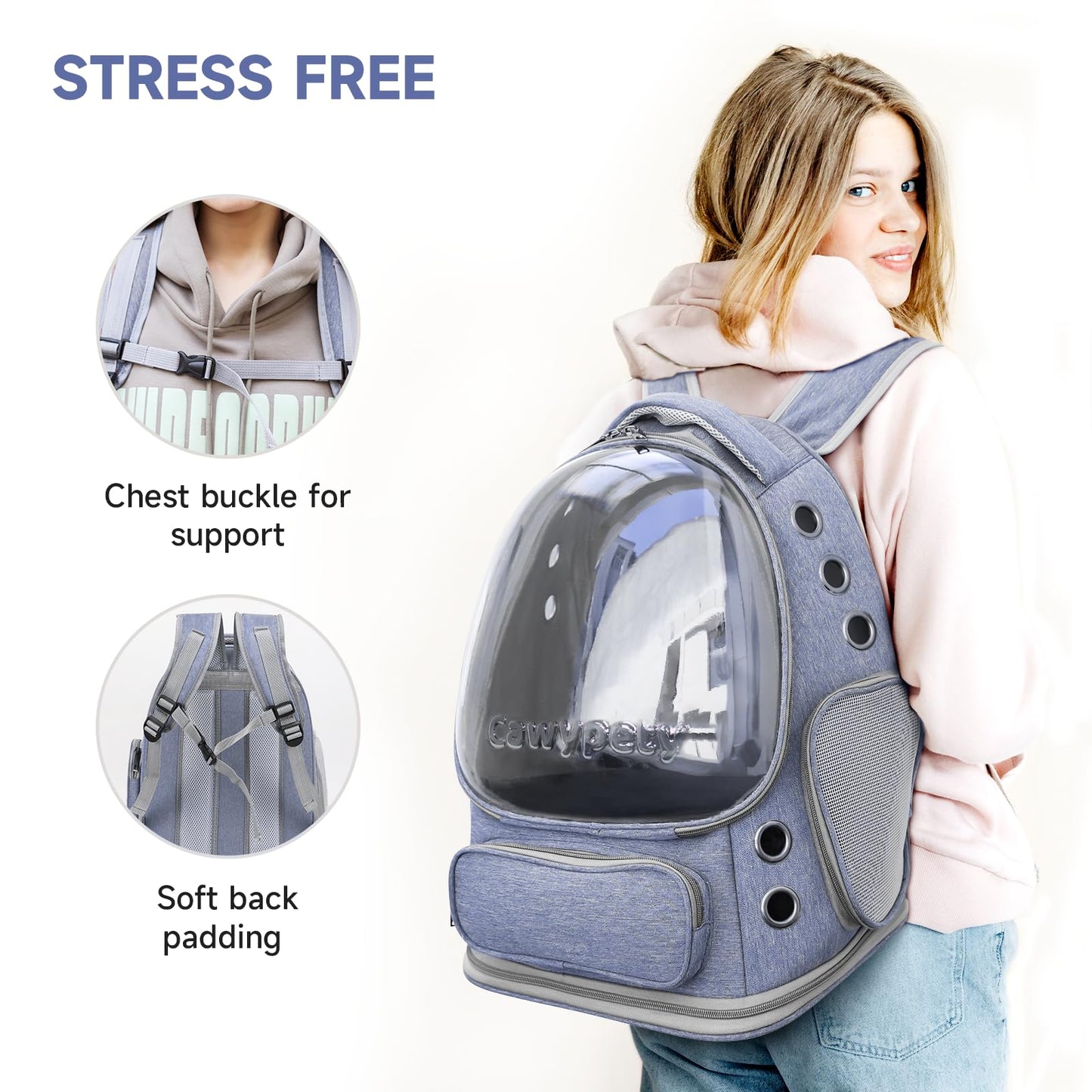 Cawypety Cat Backpack Carrier, Breathable Cat Carrier Large Space Bubble Pet Backpack for Kitty Small Dog up to 12lbs, Transparent & Foldable Pet Carrier for Travel Hiking (Blue