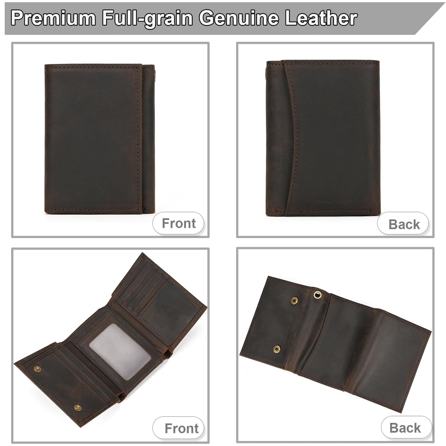 Yevabo Men's Full Grain Leather Trifold Wallet with Chain - Vintage Full Grain Leather Short Purse for Men with Multi-Card Slots, ID Window, Key Holder, Dark Brown
