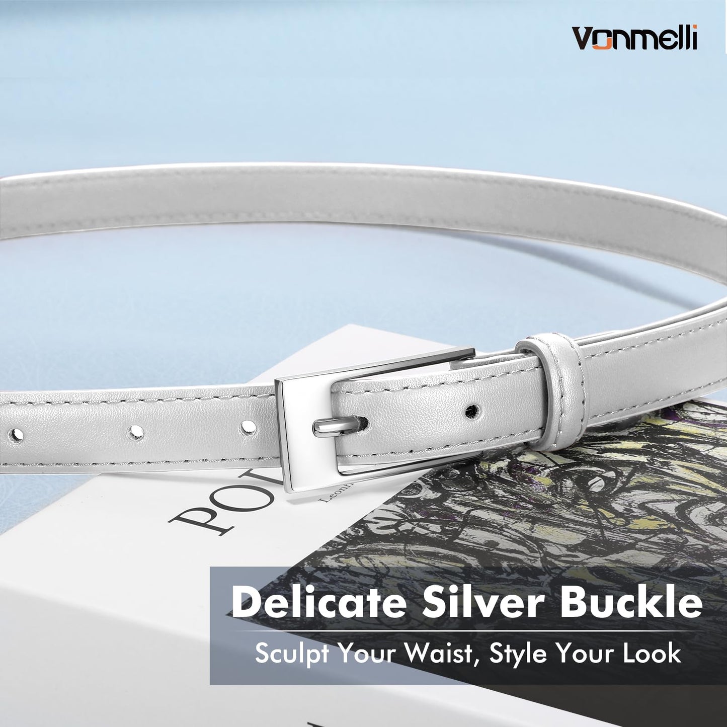 VONMELLI Thin Belts for Women Skinny Leather Sliver Belt Women for Dress Jeans Fashion Waist Belt with Sliver Buckle, S