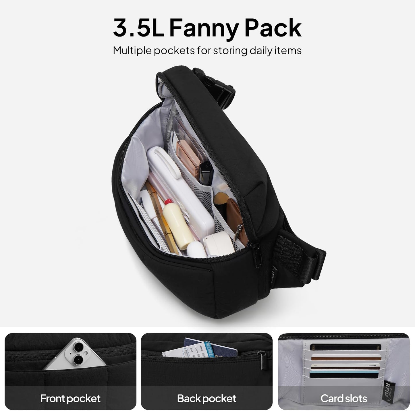 TOPEAST Waist Pack 3.5L Fanny Packs with Water Bottle Holder, Large Capacity Travel Belt Purse Anti-Theft RFID Blocking, Black Fluffy Crossbody Sling Bag for Hiking Walking
