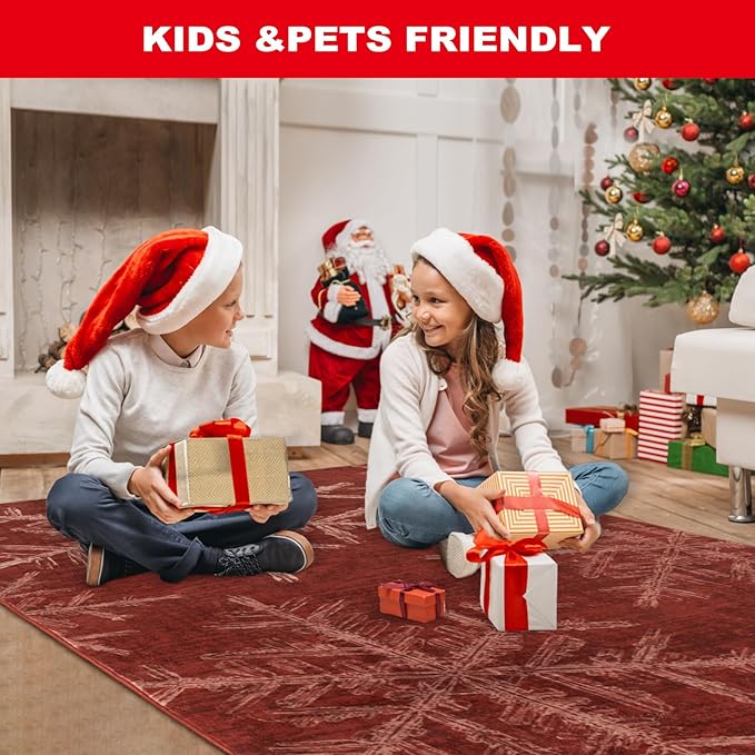 Lahome Snowflake Christmas Runner Rug, 2x6 Red Christmas Rug Runner Soft Non Slip Kitchen Runner Rugs with Rubber Backing Holiday Decor Carpet Runners for Hallways Bedroom Laundry(2x6ft,Red)