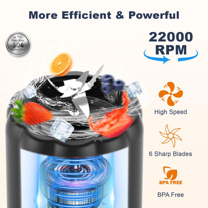 COKUNST Portable Blender - Small Smoothie & Shake Maker, 17 Oz (500ml) Personal Blender with 6 Blades, USB-C Rechargeable Mini Mixer with Extra Lid for Travel, Office, Gym