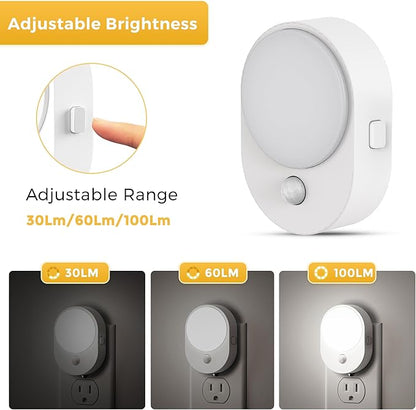 L LOHAS LED Plug in Night Light with Motion Sensor and Dusk to Dawn Sensor,[4-PACK] Night Lights Plug into Wall,5000K Daylight White,30/60/100LM Dimmable Nightlight for Bathroom Hallway