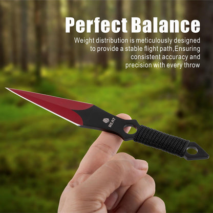 REAT Throwing Knives - 12 Piece, 6.5" 440 Stainless Steel with Cord-Wrapped Handle, Includes Nylon Carrying Case for Safe Storage,Ninja Kunai Knives for Competition,Recreation,Gifts for Men,Women (Red)