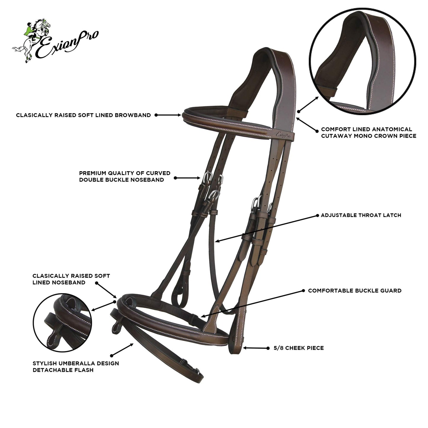 ExionPro English Hunter Jumping Bridle for Horses with Removable Flash Soft Yet Strong Rubber Reins | Royal Hunter Bridle | English Bridle for Horses (Havana, Full)