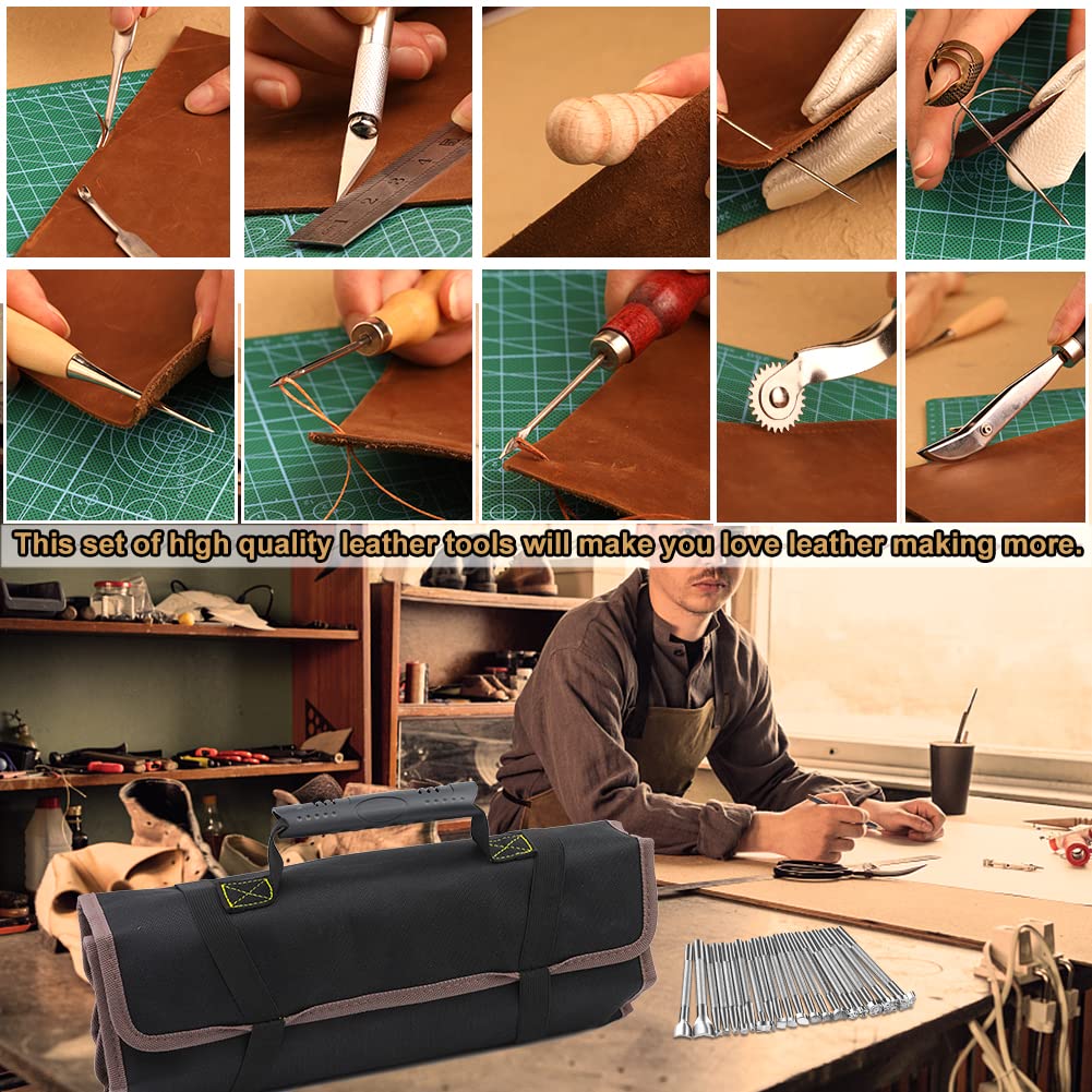 Tikjiua 456Pcs Leather Working Tools with Apron and Tooling Bag, Leather Craft Kit with Tools for Stamping, Carving, Sewing, Beveling, Cutting, Crafting