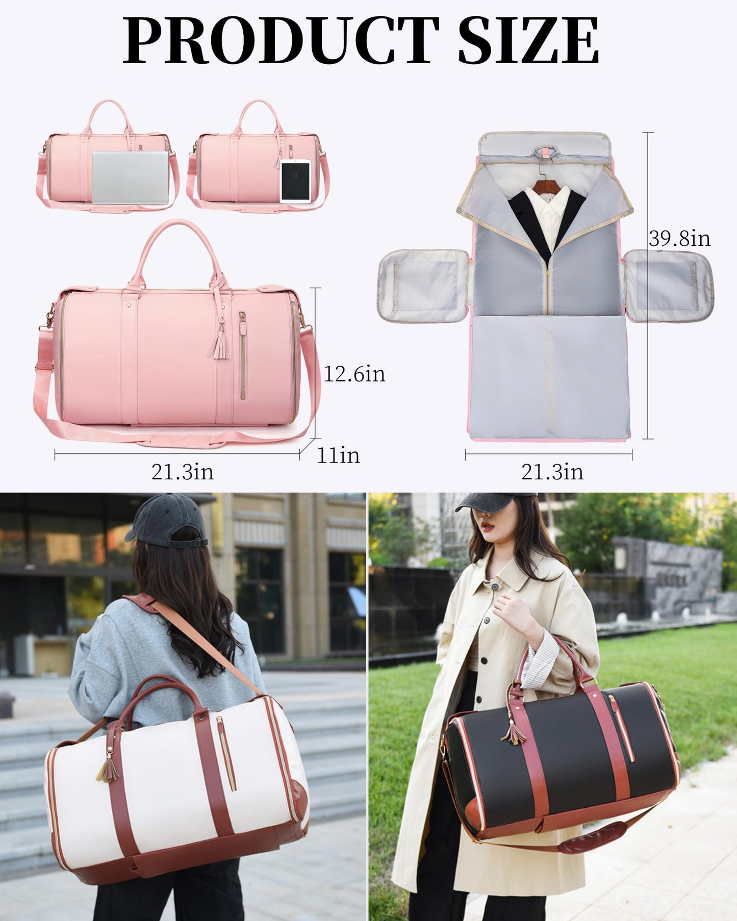 Garment Duffle Bag for Travel, 2-in-1 Garment Bags Carry On Hanging Suit Bag, Foldable PU Leather No Wrinkle Dress Bag for Women & Men, Weekender Overnight Business Trip Pink