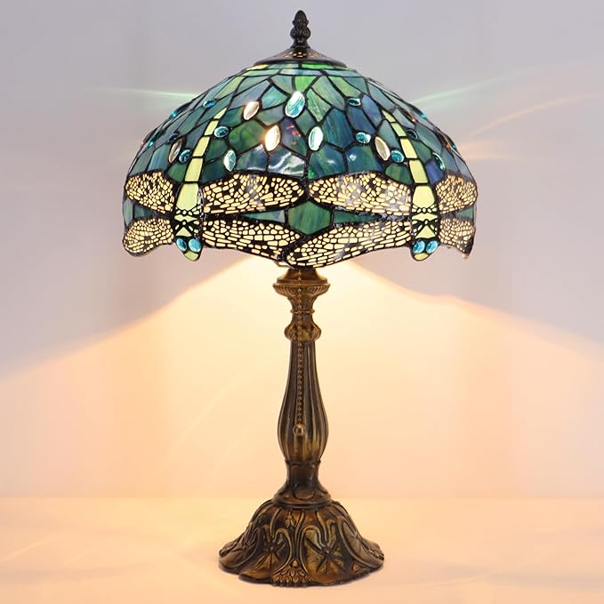 Tiffany Lamp Stained Glass Table Lamp Bedside Reading Light W12H19 Inches (Sea Blue Dragonfly Style)