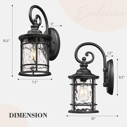 Emliviar Farmhouse Outdoor Light Fixture, 15.5" Exterior Lighting Fixtures with Water Ripple Glass, Die-Casting Aluminum in Black Finish, XE229B-WG BK